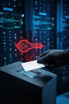 Gloved hand swiping keycard at server access point with glowing red key