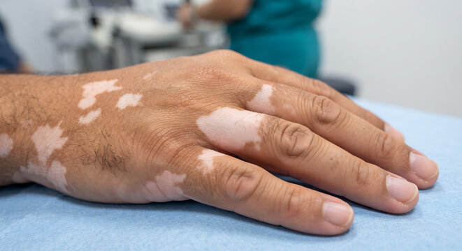 Close-up of a hand affected by Vitiligo, showing depigmented skin patches against a medical backdrop, highlighting the skin condition with stark contrast