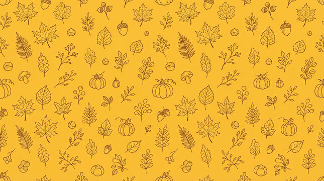 Autumn leaves and pumpkins pattern with acorns and branches on yellow background vector illustration concept