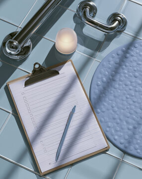 Home safety checklist with grab bars, night light, and non-slip mat on bathroom floor in Modern Home Interior