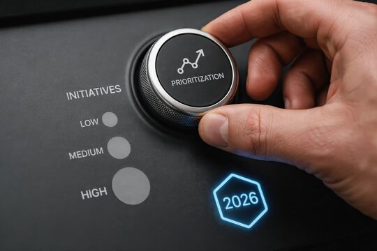 Hand turning prioritization dial towards glowing blue year 2026 hexagon
