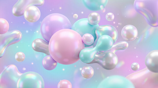 Soft pastel colored abstract shapes and iridescent pearls floating and morphing in a dreamy iridescent liquid background with subtle bokeh lights.