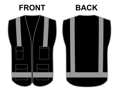 Safety vest mockup Front and back view, black jacket with reflective stripes. Safety vest for construction works, drivers and road workers with fluorescent protective. Realistic