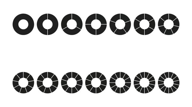 Circular charts design elements featuring multiple black segments arranged in sequence for professional business data visualization and infographics vector illustration