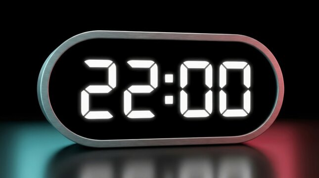 Digital clock displaying 22:00 (ten o'clock PM) with glowing white numbers on a black screen, reflecting on a dark surface with subtle blue and red light accents