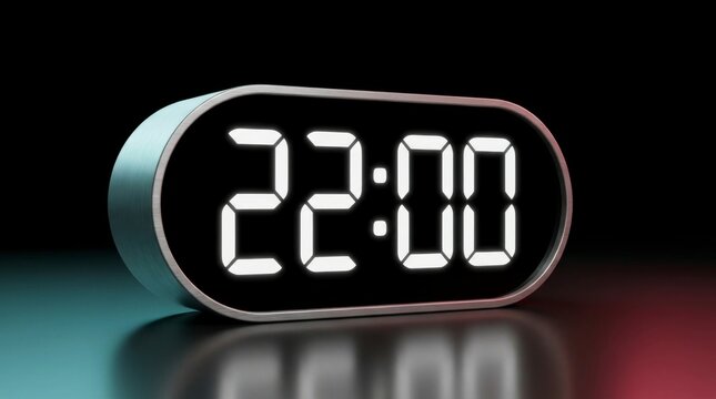 Digital alarm clock displaying 22:00 on a reflective surface with dramatic blue and red lighting, symbolizing late night or a deadline.