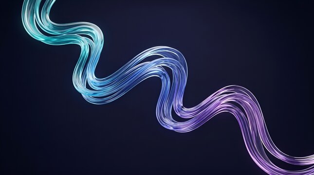 Abstract 3D glass waves with neon gradient, flowing translucent liquid lines on dark background, futuristic crystal ribbon texture