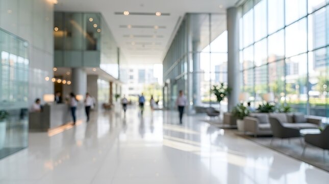 Blurred modern office lobby interior, bright corporate building entrance with glass walls, spacious commercial hallway with out of focus people