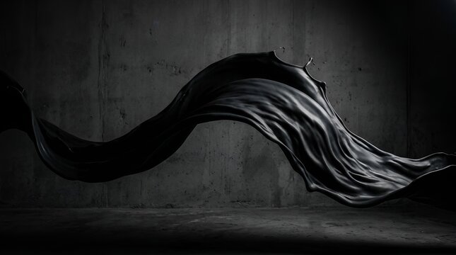 Elegant black silk fabric flowing in mid-air, luxurious satin wave on dark concrete background, moody textile motion for fashion and interior design