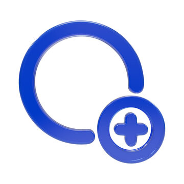 Glossy 3d blue circle with plus sign symbol for adding or zooming in create isolated on a transparent background