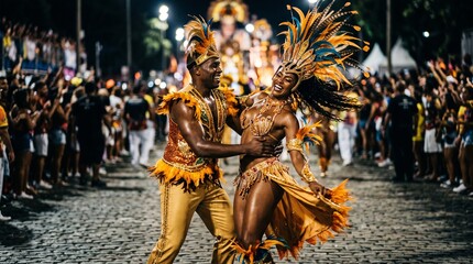 Fototapeta premium Couple dancing in vibrant costumes at a lively carnival parade at night