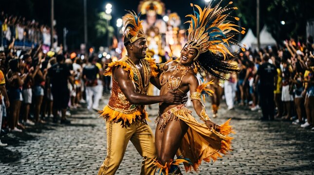 Couple dancing in vibrant costumes at a lively carnival parade at night