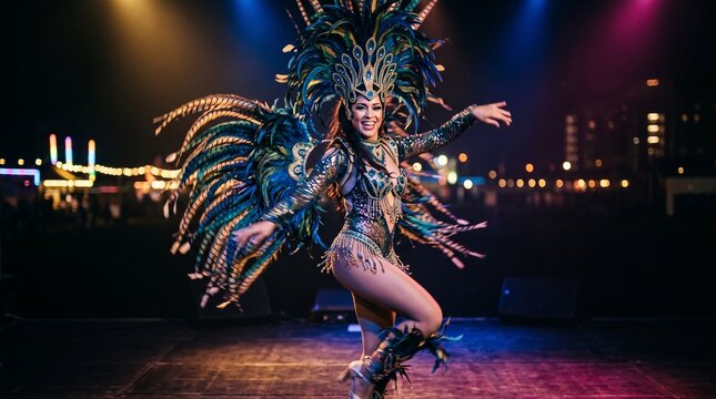 Woman in elaborate carnival costume dancing on stage at night with city lights in background