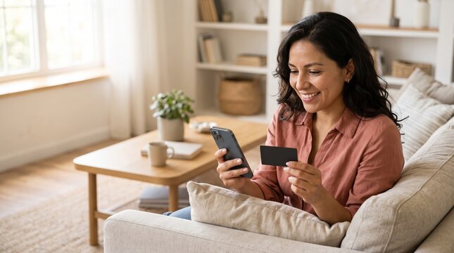 Happy woman sits on a sofa in a bright living room while holding a smartphone and a credit card for an online purchase.