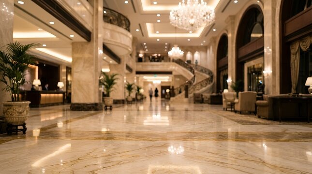 Luxurious hotel lobby interior with marble floors, grand crystal chandeliers in elegant hotel entrance, upscale resort reception area