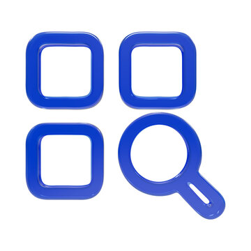 Glossy 3d blue grid menu with four squares and magnifying glass for searching layout isolated on a transparent background