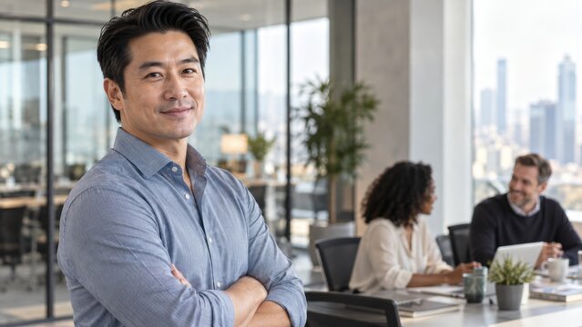 Confident Asian businessman stands with arms crossed in a modern office while colleagues work in the background.
