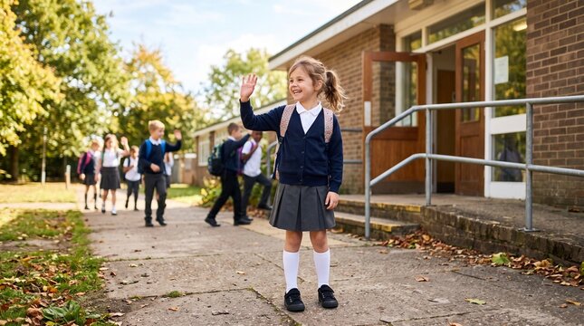 Happy young girl in school uniform waving goodbye outside elementary school building