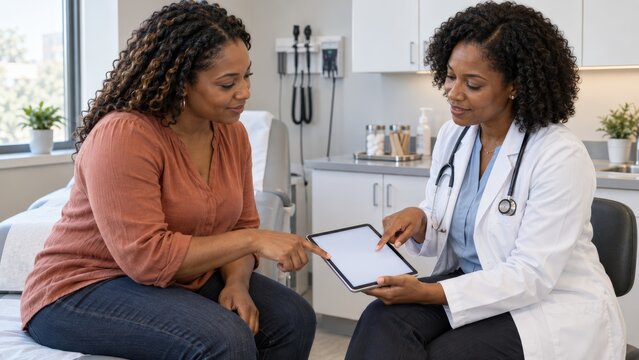Female doctor and a patient review information on a tablet computer during a consultation in a modern medical clinic.