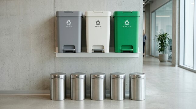 Three colorful recycling bins with symbols on a shelf above five stainless steel trash cans in a modern office environment