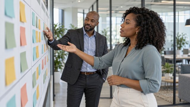 African American businesswoman and businessman collaborating in a modern office while discussing a project strategy on a whiteboard covered with colorful sticky notes.