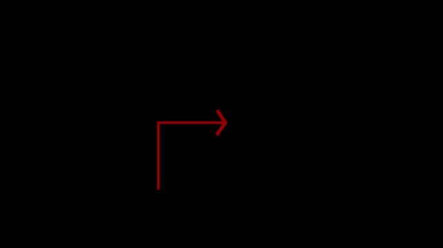 Arrow animation turns and glides forward across pitch black space. Directional forward movement telemetry routes along arrow animation. User interface navigation guidance uses this dynamic arrow.