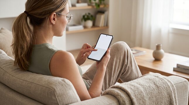 Young woman with glasses sits on a beige sofa in a bright living room, tapping the blank screen of a smartphone held in her hands.