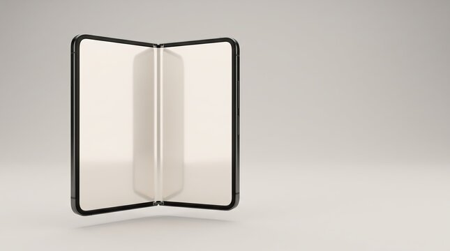 Foldable smartphone mockup with a blank screen stands upright on a neutral gray background, showcasing its dual display and sleek black frame design.