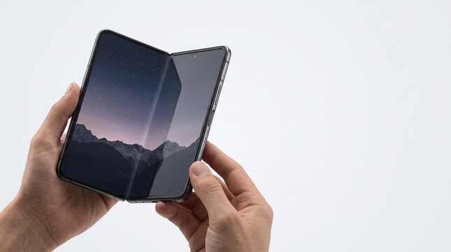 Two hands holding an open foldable smartphone displaying a starry night sky over mountains against a plain white background.