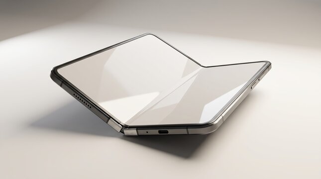 Modern foldable smartphone rests at a partial angle on a smooth light surface, showcasing its reflective screen and metallic frame.