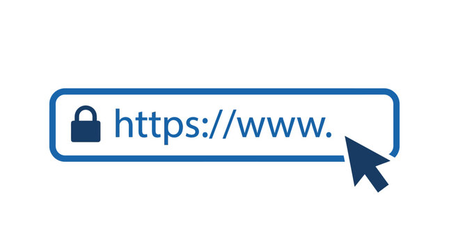Secure website address bar vector illustration featuring a blue padlock icon and a clicking cursor arrow