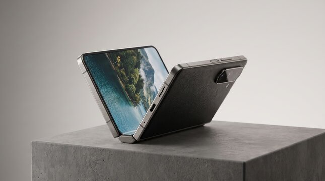 Foldable smartphone standing half open on a concrete pedestal displaying a tropical island scene on its screen.