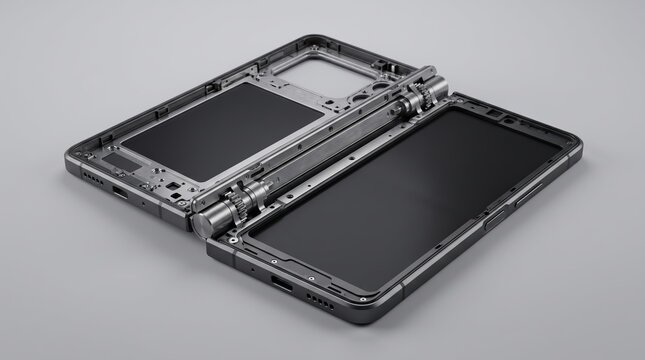 Futuristic folding smartphone concept featuring a heavy-duty mechanical hinge with visible gears and dual display panels.