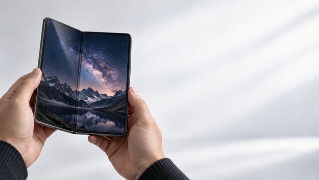 Pair of hands holds an open foldable smartphone displaying a vibrant landscape of snowy mountains and a starry night sky against a soft white background.