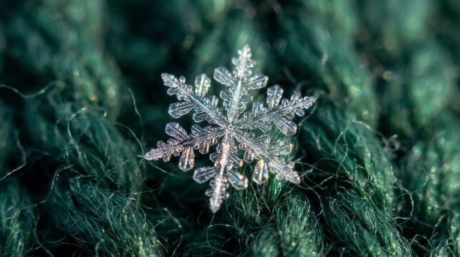 Close-up macro shot of a delicate, intricate snowflake resting on a dark green knitted wool fabric, showcasing its unique crystalline structure.