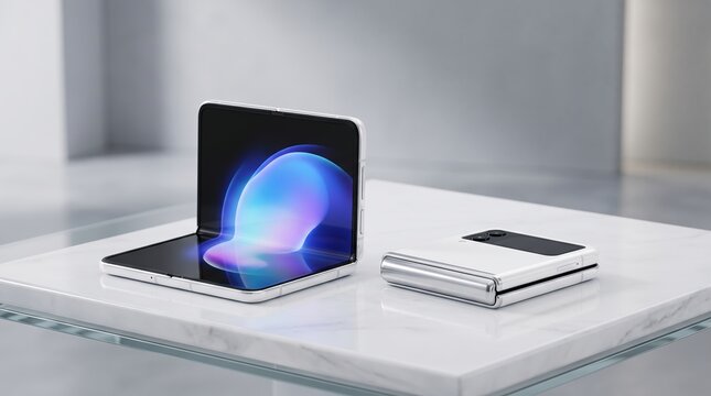 Two white foldable smartphones displayed on a white marble table, one open showing a colorful abstract screen and one closed, set against a minimalist modern background.