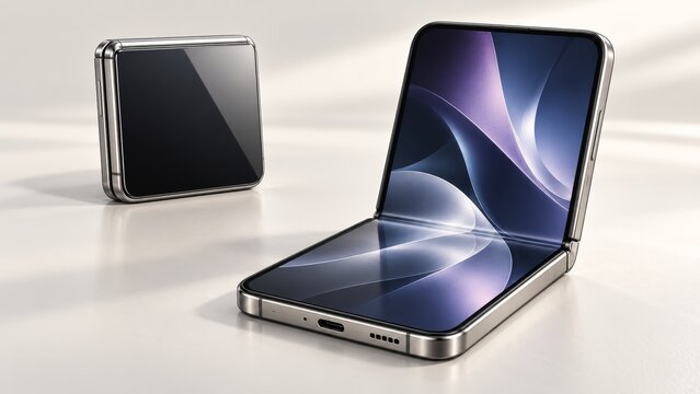 Sleek foldable smartphone shown open with a vibrant abstract wallpaper and closed as a compact rectangle.