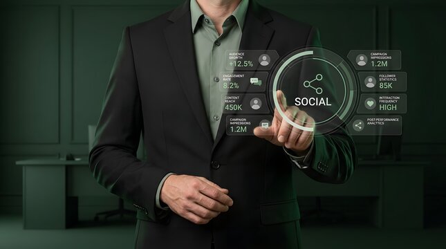 Businessman interacting with holographic social media data visualization