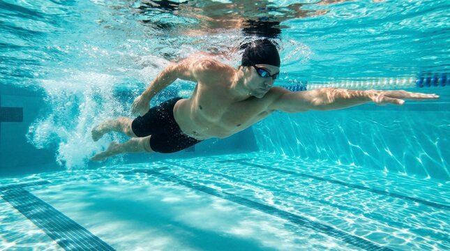 Young man swimming freestyle underwater in a clear blue swimming pool with goggles and swim cap