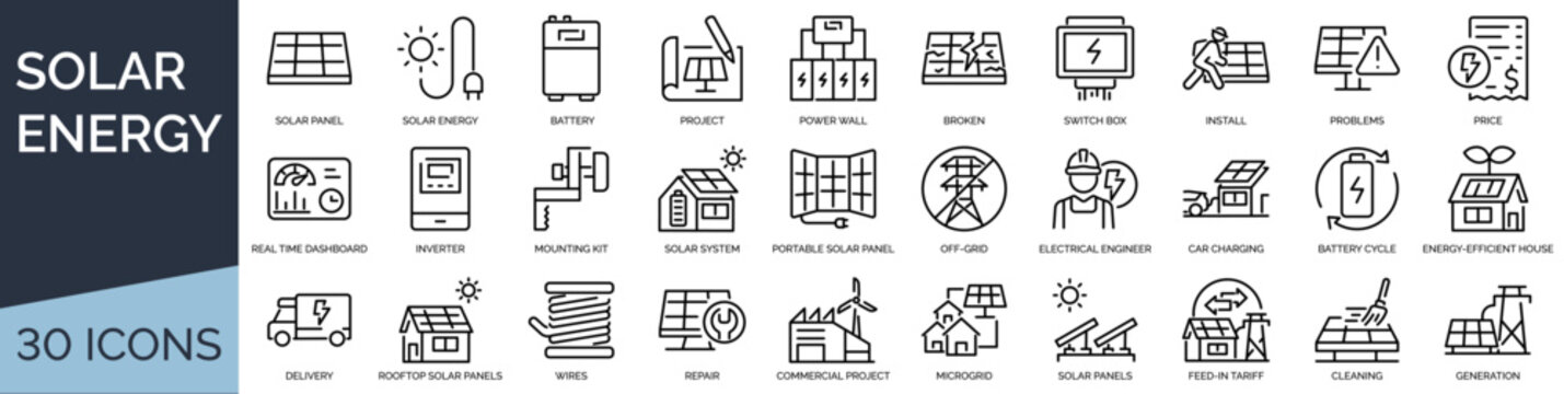 Set of 30 outline icons related to solar energy. Linear icon collection. Editable stroke. Vector illustration