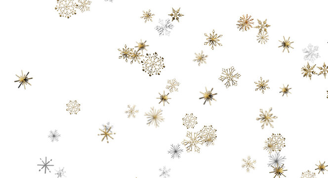 Luxurious golden and silver snowflakes falling on a dark background for festive designs.