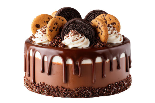 Indulgent chocolate cookie drip cake isolated on transparent background. Chocolate cake with cookie and cream topping isolated on white background.