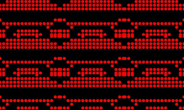 Seamless dot matrix pattern featuring horizontal bands of bright red glowing circular dots on a solid black background.