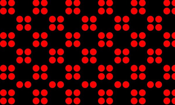 Seamless dot matrix pattern arranged in four-dot cluster grids of bright red circles over a solid black background.