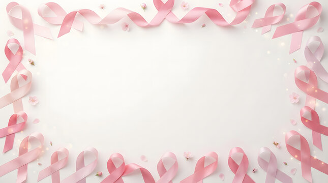 Pink Ribbon Frame for Breast Cancer Awareness Month with Floral Petals and Copy Space on White Background for Healthcare Banner.