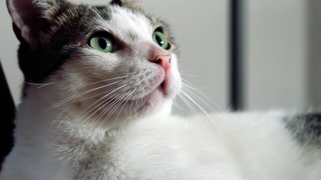 Close Up Of Curious Tabby Cat With Green Eyes Looking Sideways - 4K