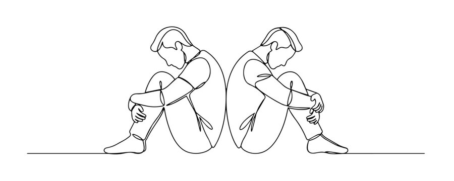 Two sad men sitting back to back continuous line art vector illustration.