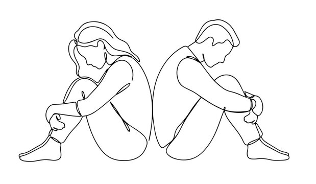 Sad couple sitting back to back continuous line art vector illustration