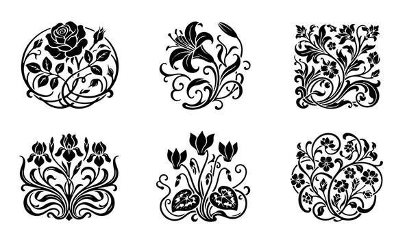 Vintage floral ornament rose and lily black silhouette vector icons set