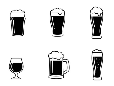 Beer glasses and mugs with foam line art icons vector set.